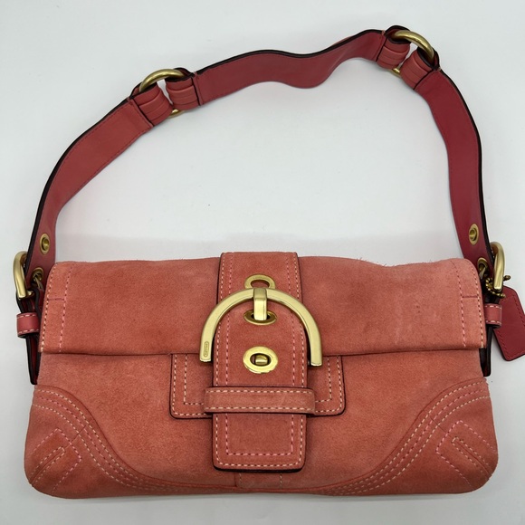 COACH 8A18 VINTAGE Y2K Soho Demi Flap Salmon Pink Suede Shoulder Baguette Bag - Picture 7 of 17
